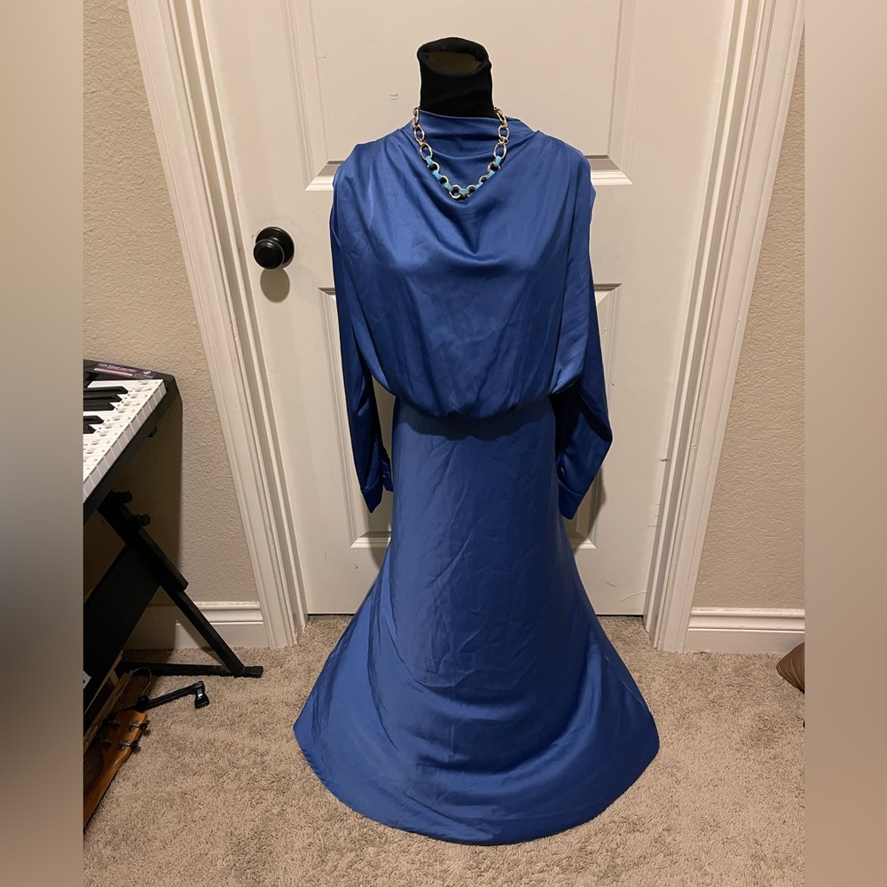 SHEIN Blue Cowl Neck Bishop Sleeve Gown